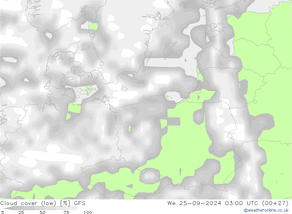 Cloud cover (low) GFS We 25.09.2024 03 UTC