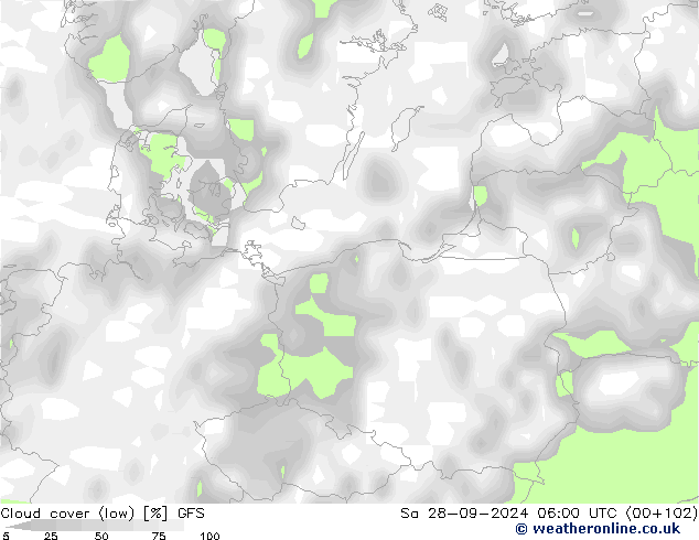 Cloud cover (low) GFS Sa 28.09.2024 06 UTC