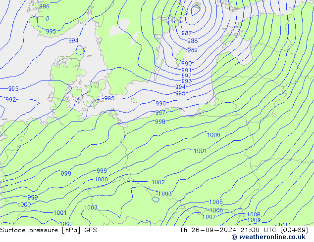 Presión superficial GFS jue 26.09.2024 21 UTC