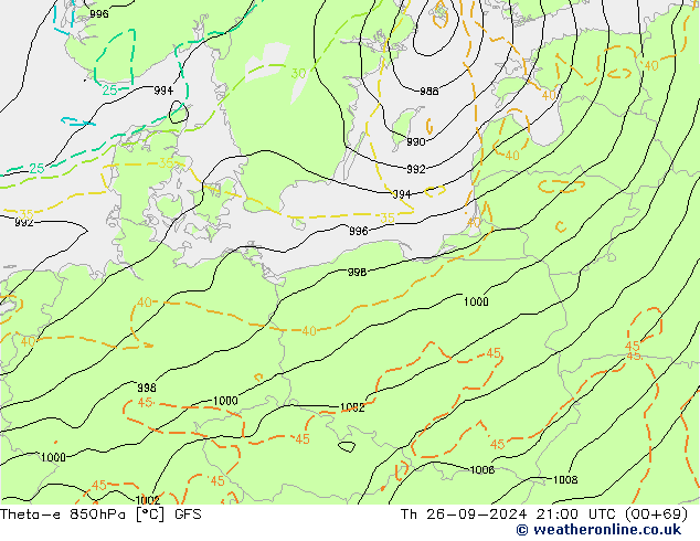 Theta-e 850hPa GFS Th 26.09.2024 21 UTC