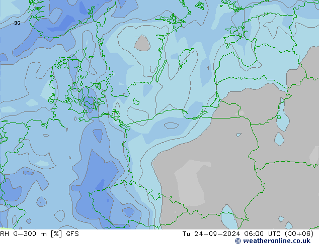 RH 0-300 m GFS Út 24.09.2024 06 UTC