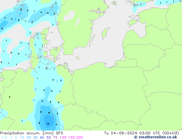 Precipitation accum. GFS Út 24.09.2024 03 UTC