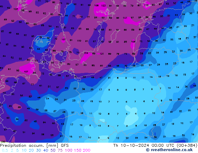 Precipitation accum. GFS Th 10.10.2024 00 UTC