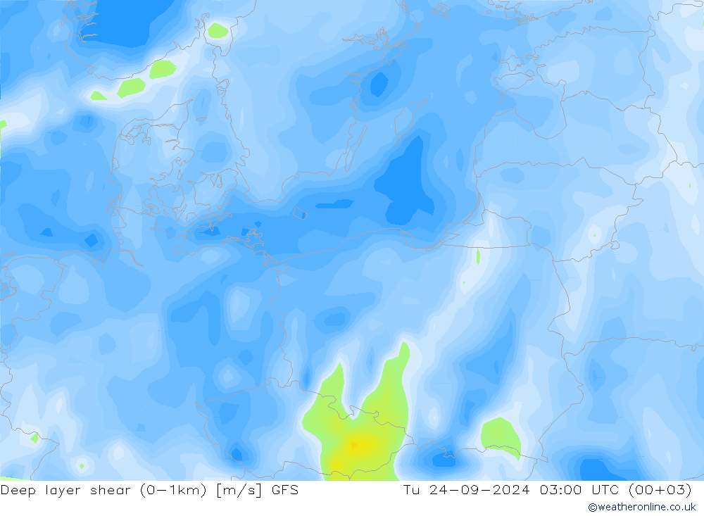 Deep layer shear (0-1km) GFS Ter 24.09.2024 03 UTC