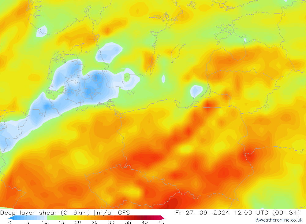 Deep layer shear (0-6km) GFS пт 27.09.2024 12 UTC