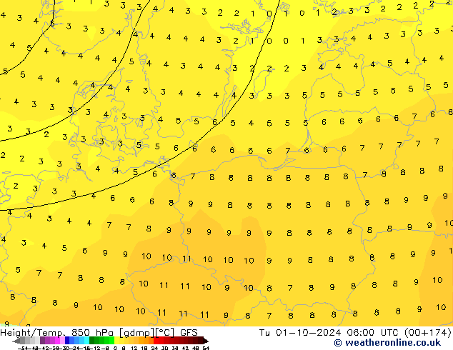 Height/Temp. 850 hPa GFS Út 01.10.2024 06 UTC