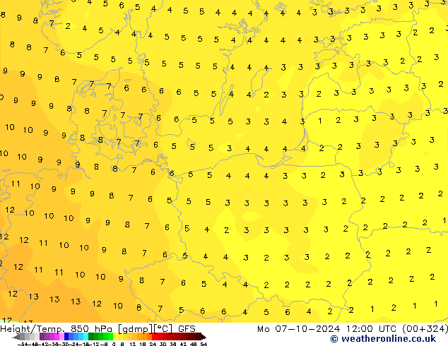 Height/Temp. 850 hPa GFS Mo 07.10.2024 12 UTC