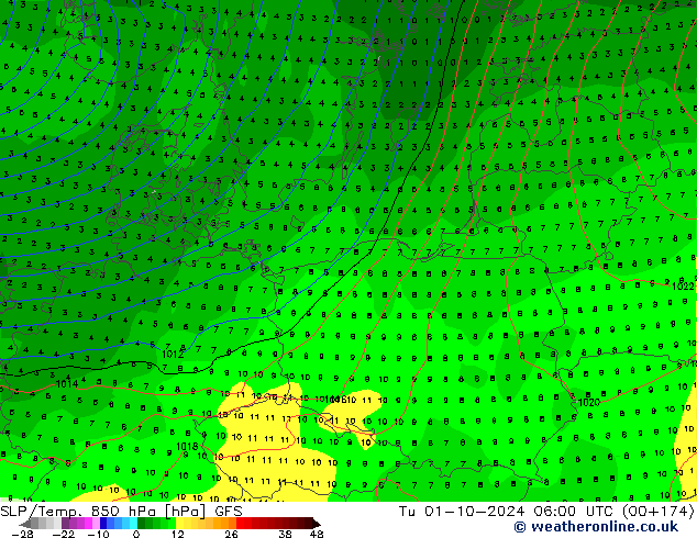 SLP/Temp. 850 hPa GFS mar 01.10.2024 06 UTC