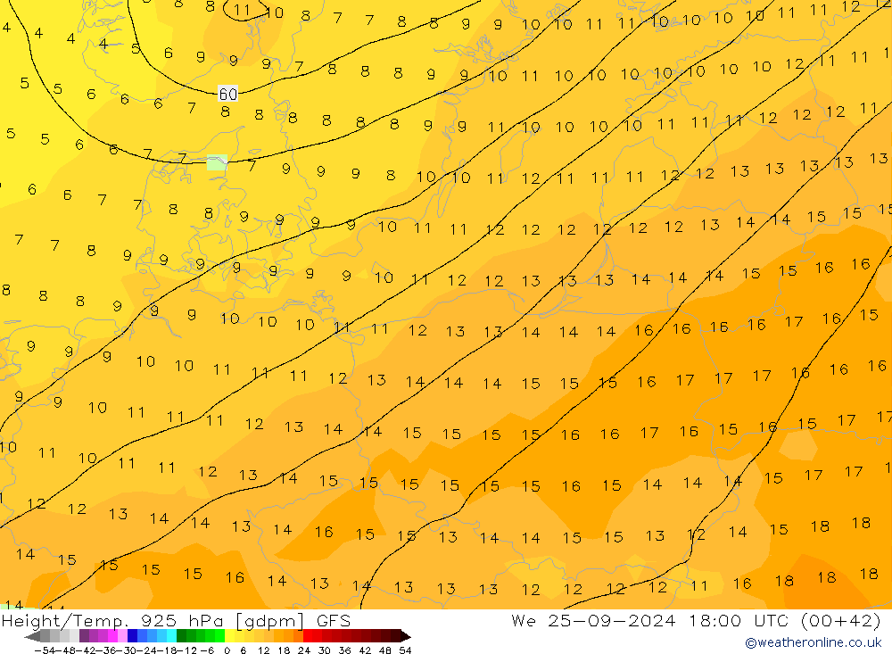 Height/Temp. 925 hPa GFS Qua 25.09.2024 18 UTC