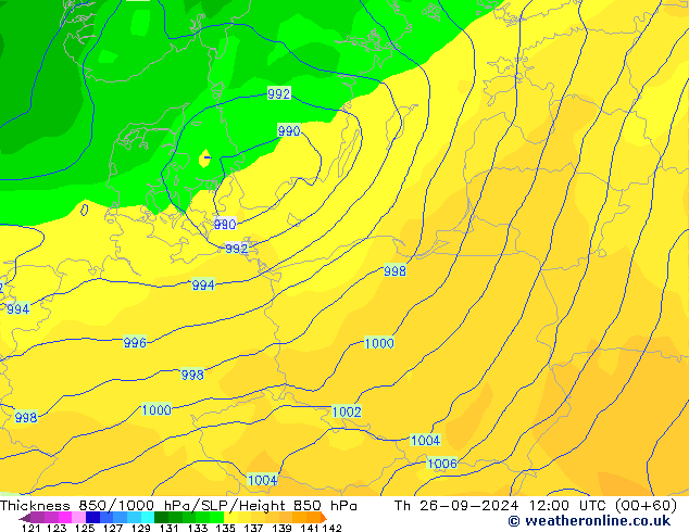 Thck 850-1000 hPa GFS Čt 26.09.2024 12 UTC