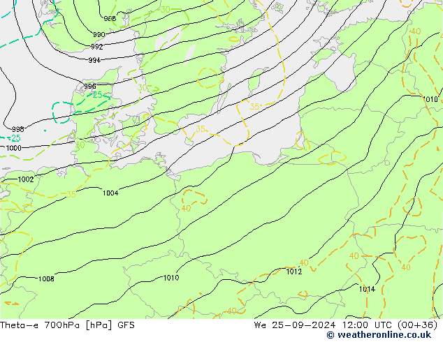 Theta-e 700hPa GFS mer 25.09.2024 12 UTC