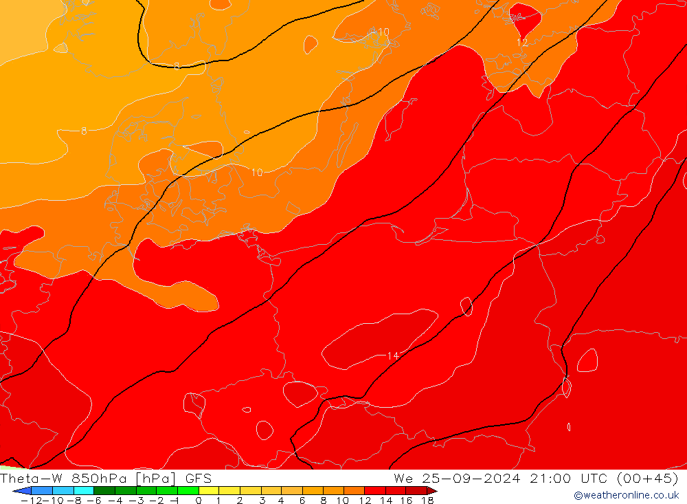 Theta-W 850hPa GFS Qua 25.09.2024 21 UTC