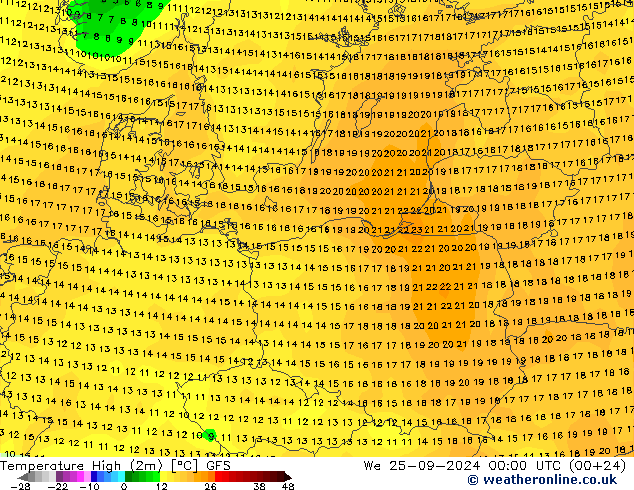 Nejvyšší teplota (2m) GFS St 25.09.2024 00 UTC