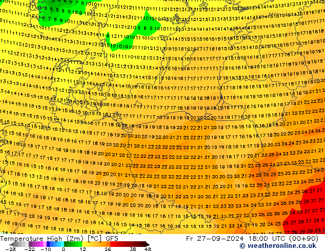 Temperature High (2m) GFS Fr 27.09.2024 18 UTC