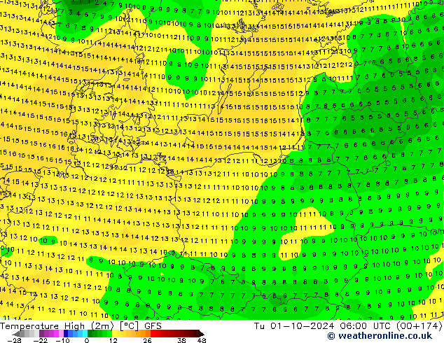 Nejvyšší teplota (2m) GFS Út 01.10.2024 06 UTC