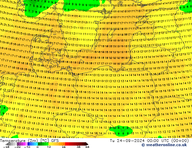 mapa temperatury (2m) GFS wto. 24.09.2024 00 UTC