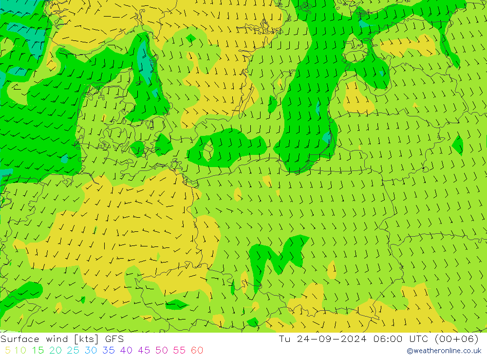 Prec 6h/Wind 10m/950 GFS Út 24.09.2024 06 UTC