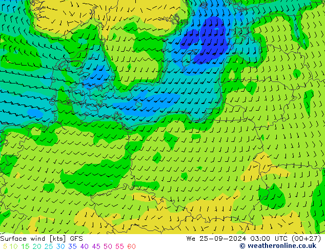 Vento 10 m GFS mer 25.09.2024 03 UTC