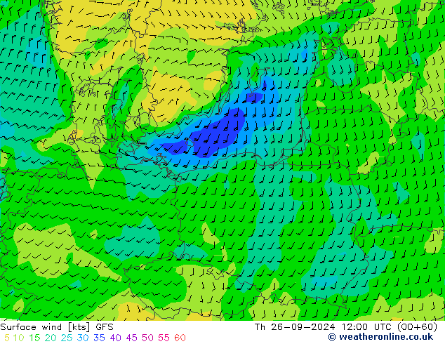 Vento 10 m GFS gio 26.09.2024 12 UTC