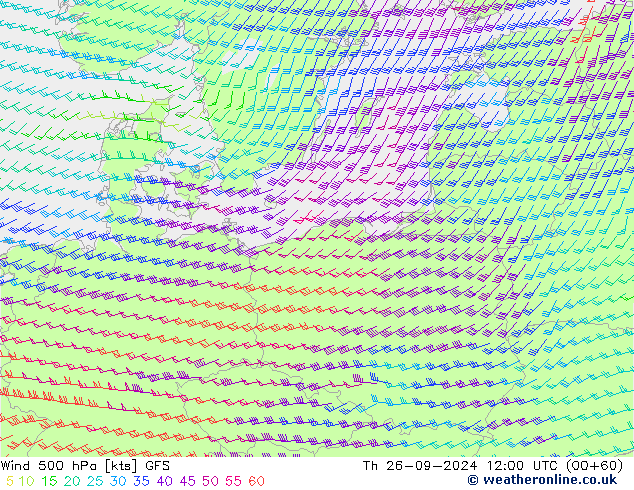 Vento 500 hPa GFS gio 26.09.2024 12 UTC