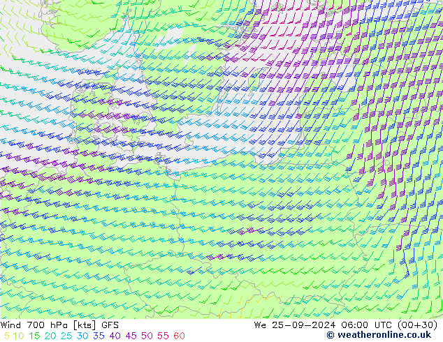 Wind 700 hPa GFS We 25.09.2024 06 UTC