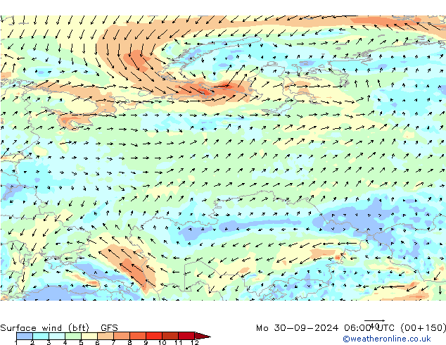 Vento 10 m (bft) GFS lun 30.09.2024 06 UTC