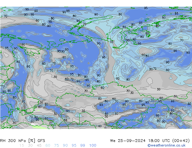 Humidité rel. 300 hPa GFS mer 25.09.2024 18 UTC