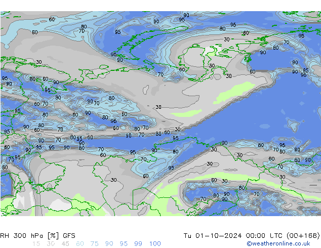 Humedad rel. 300hPa GFS mar 01.10.2024 00 UTC