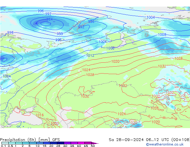 Precipitation (6h) GFS Sa 28.09.2024 12 UTC