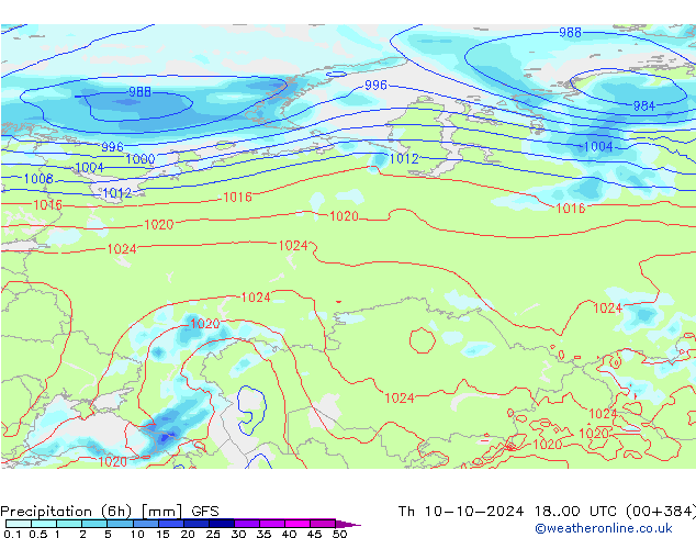 Precipitation (6h) GFS Th 10.10.2024 00 UTC