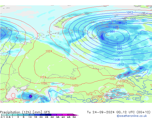 Totale neerslag (12h) GFS di 24.09.2024 12 UTC