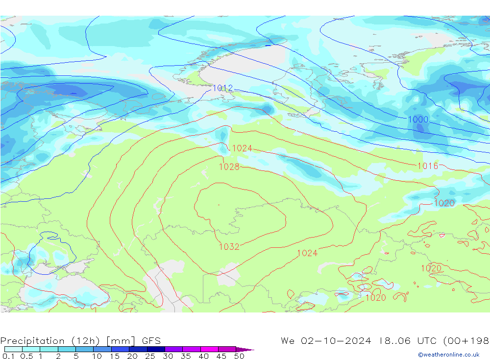 Totale neerslag (12h) GFS wo 02.10.2024 06 UTC