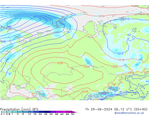 Srážky GFS Čt 26.09.2024 12 UTC