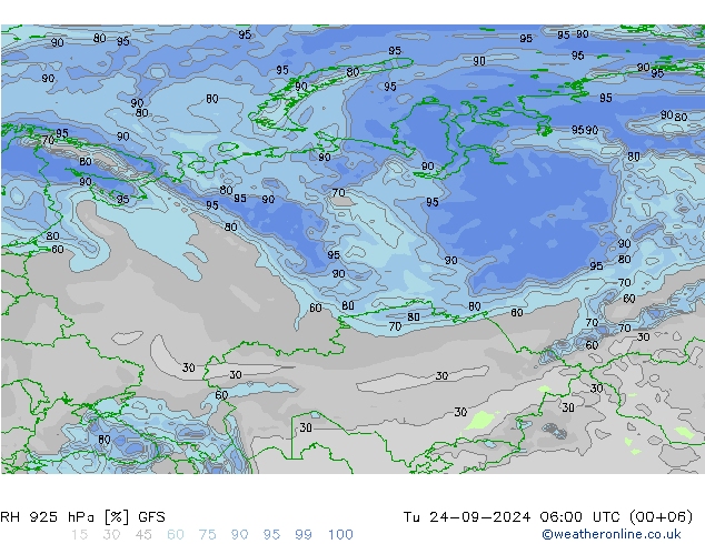 RH 925 hPa GFS wto. 24.09.2024 06 UTC