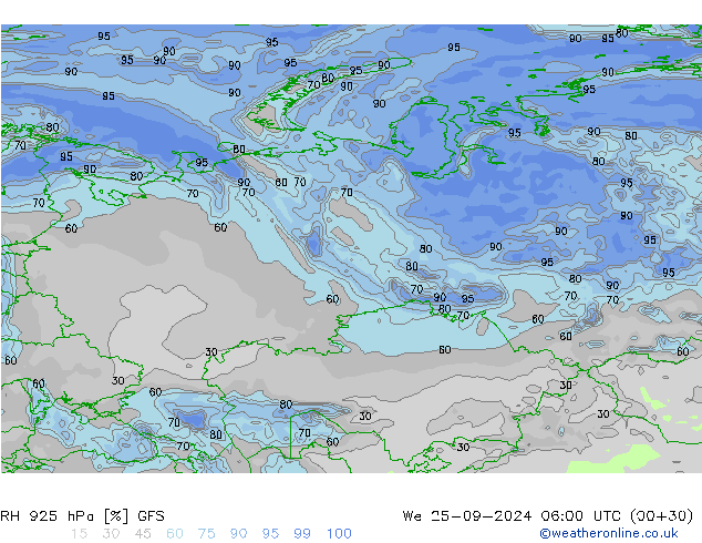 RH 925 hPa GFS We 25.09.2024 06 UTC