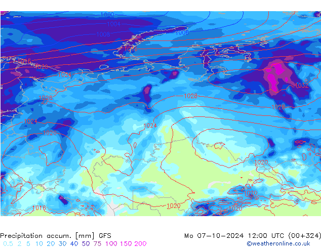 Précipitation accum. GFS lun 07.10.2024 12 UTC