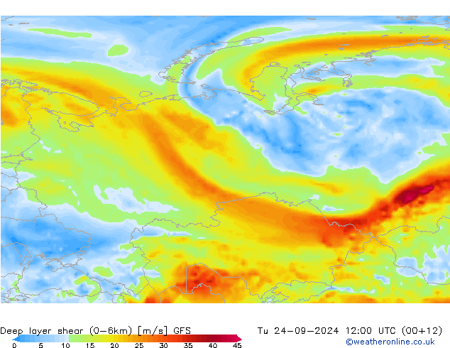 Deep layer shear (0-6km) GFS Sa 24.09.2024 12 UTC