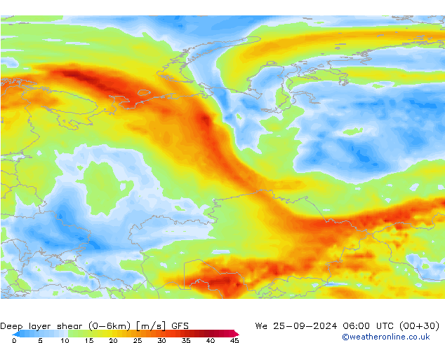 Deep layer shear (0-6km) GFS mer 25.09.2024 06 UTC