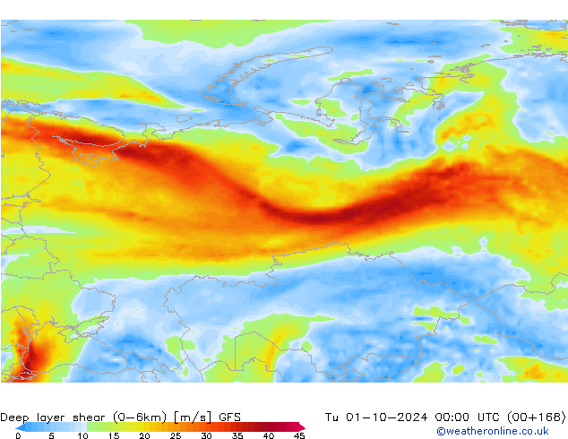 Deep layer shear (0-6km) GFS Tu 01.10.2024 00 UTC