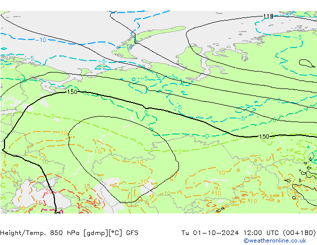 Height/Temp. 850 гПа GFS вт 01.10.2024 12 UTC