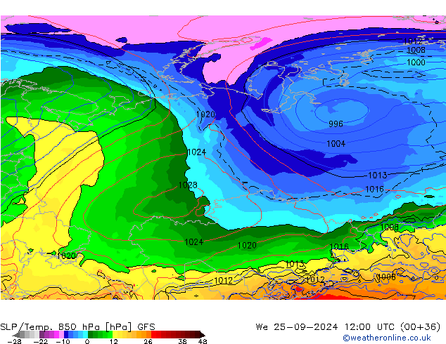 SLP/Temp. 850 hPa GFS mié 25.09.2024 12 UTC