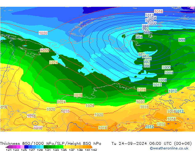 Thck 850-1000 гПа GFS вт 24.09.2024 06 UTC