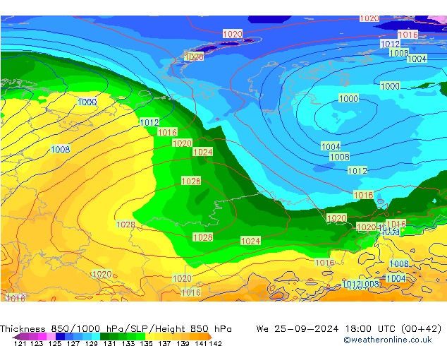 Thck 850-1000 hPa GFS śro. 25.09.2024 18 UTC