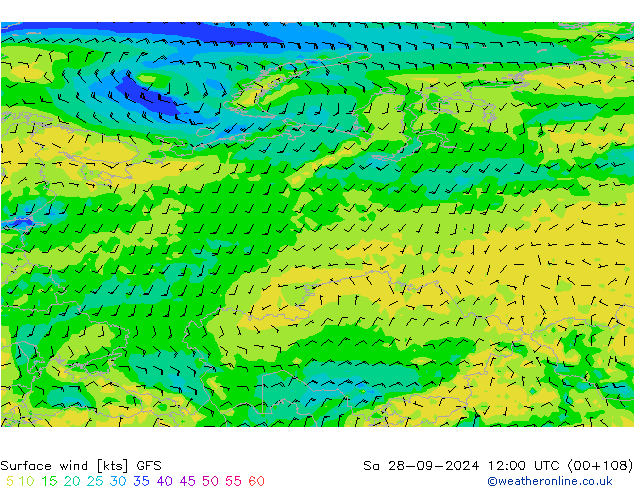 Vento 10 m GFS Sáb 28.09.2024 12 UTC