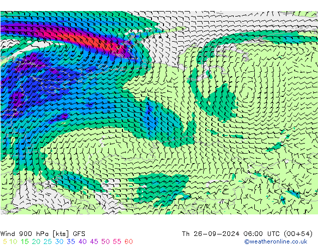 Viento 900 hPa GFS jue 26.09.2024 06 UTC