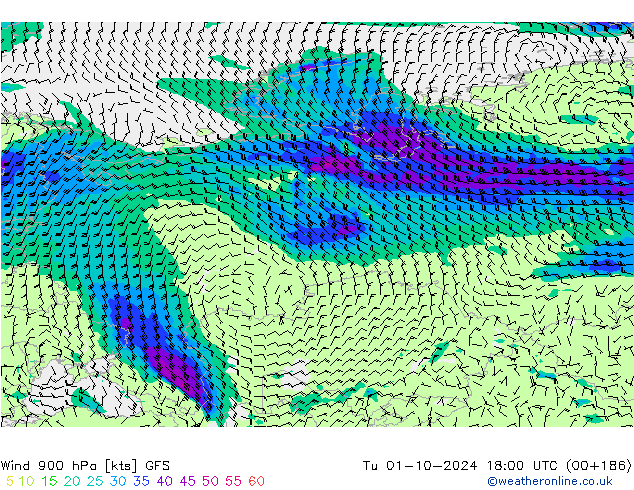 Wind 900 hPa GFS di 01.10.2024 18 UTC