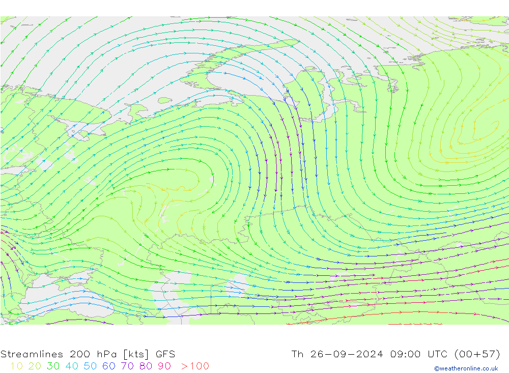 Stroomlijn 200 hPa GFS do 26.09.2024 09 UTC