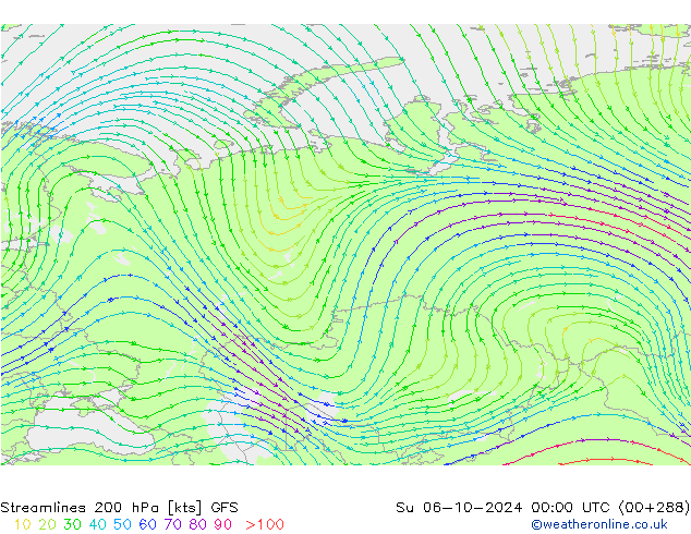 Ligne de courant 200 hPa GFS dim 06.10.2024 00 UTC