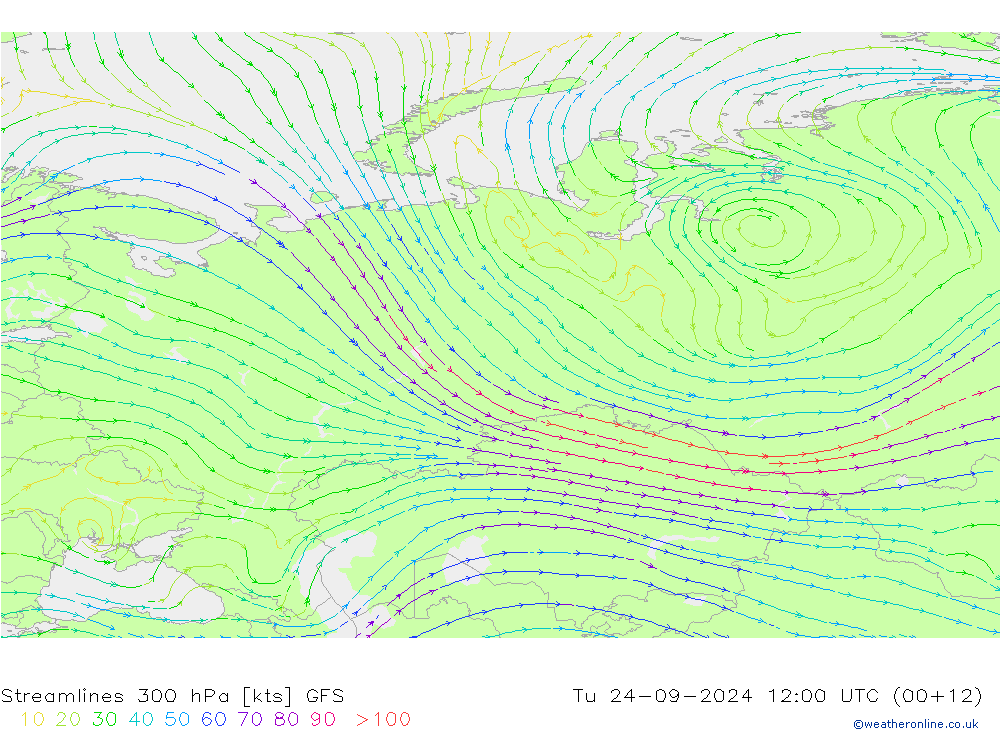 Streamlines 300 hPa GFS Út 24.09.2024 12 UTC