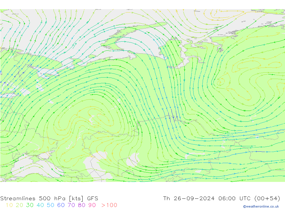 Ligne de courant 500 hPa GFS jeu 26.09.2024 06 UTC